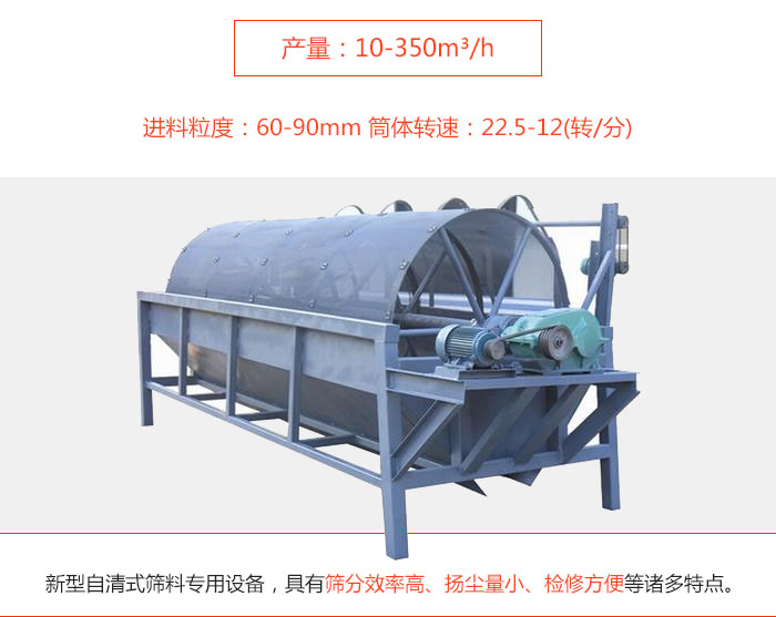 滾筒篩分機(jī)是一種新型自清式篩料專用設(shè)備，具有篩分效率高、揚(yáng)塵量小、檢修方便等諸多特點(diǎn)。